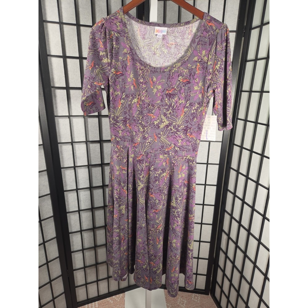 Lularoe‎ Nicole Teacher Purple Birds Floral Dress L NWT